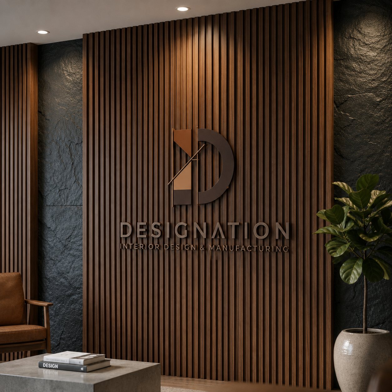 Designation branded wood-slat feature wall in a luxury interior in Al Khobar, Saudi Arabia